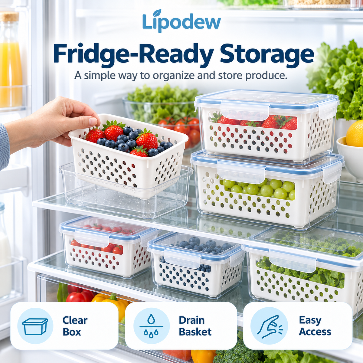 Fruit Storage Containers with Drain Baskets